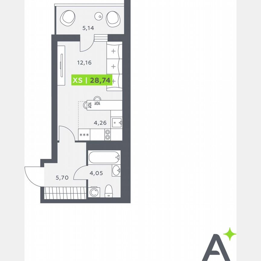 Квартира-студия, 28,7 м², 5/12 эт.