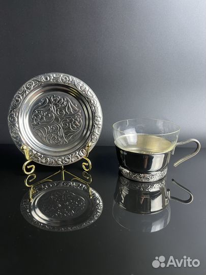 Набор из 4 мельхиоровых чайно-кофейных комплектов (4 стакана, 4 подстаканника и 4 блюдца) с растител