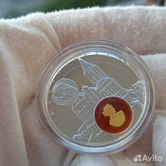 Подарочная монета серебро янтарь Калининград