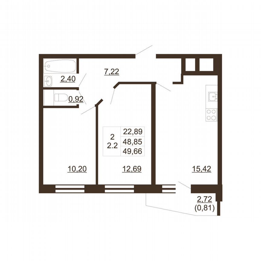 2-к. квартира, 49,7 м², 15/16 эт.