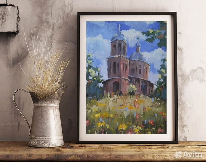 Картина гуашь 30*40 Церковь в поле