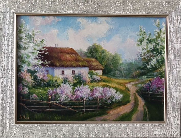 Картина маслом летний пейзаж Сирень деревня хутор