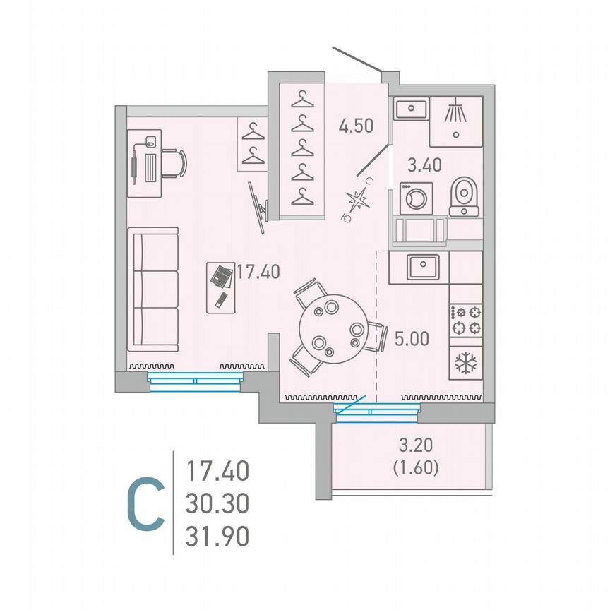 Квартира-студия, 31,9 м², 4/17 эт.