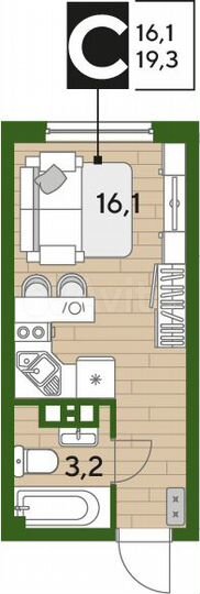 Квартира-студия, 19,3 м², 9/19 эт.