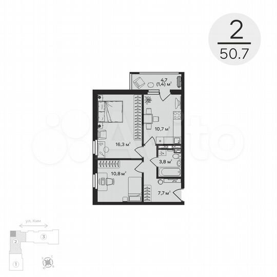 2-к. квартира, 50,7 м², 2/12 эт.