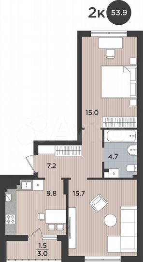 2-к. квартира, 53,9 м², 1/9 эт.