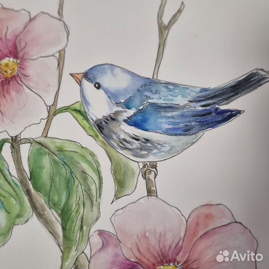Картина с птицей и цветами акварель цветы птичка