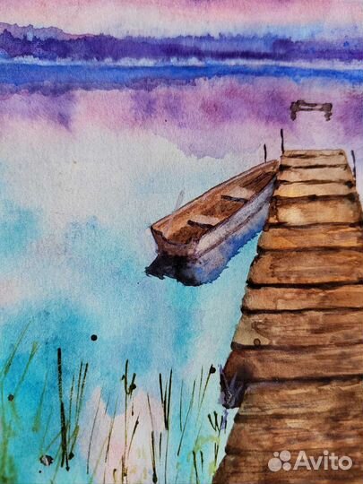 Акварель Летний закат на озере