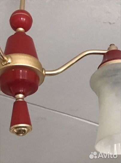Люстра на 3 рожка, красная с золотым декором СССР