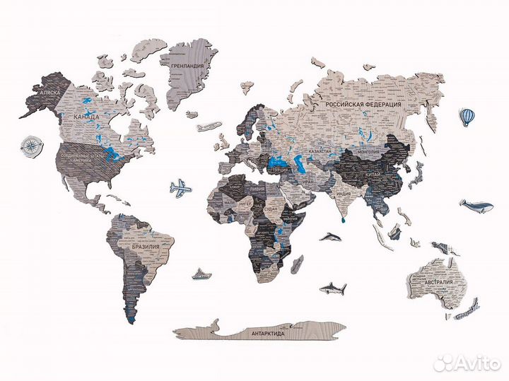 Деревянная карта мира из дерева настенная, Ковров