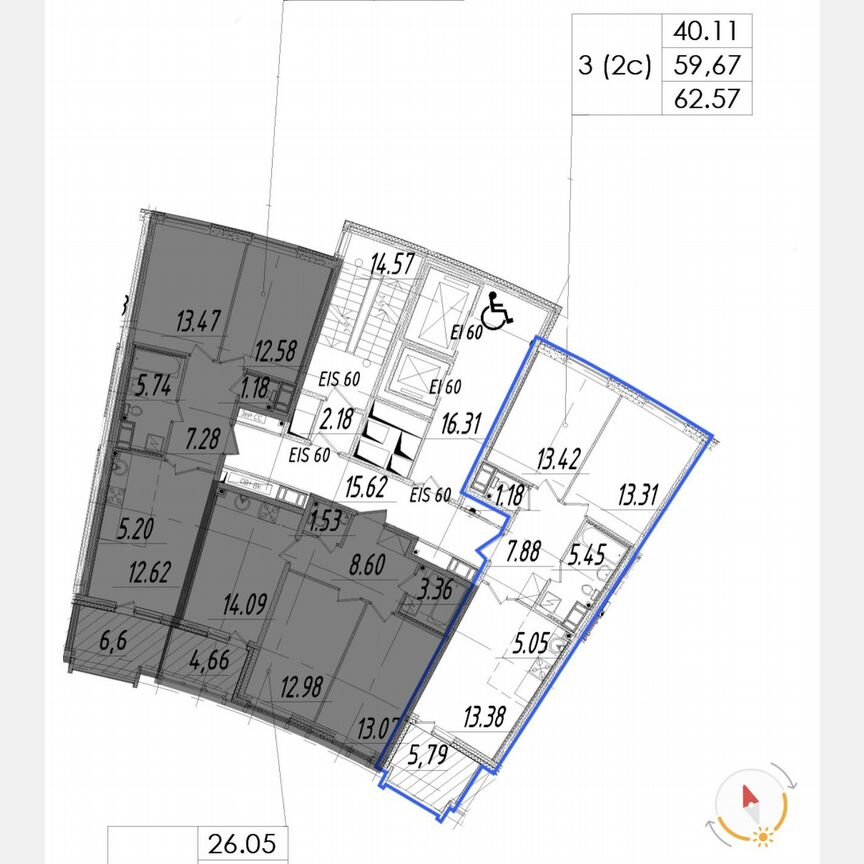 3-к. квартира, 62,6 м², 5/15 эт.