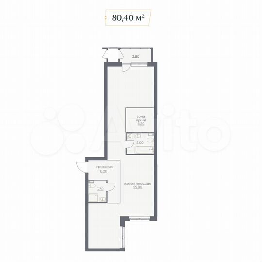 1-к. квартира, 80,4 м², 3/6 эт.