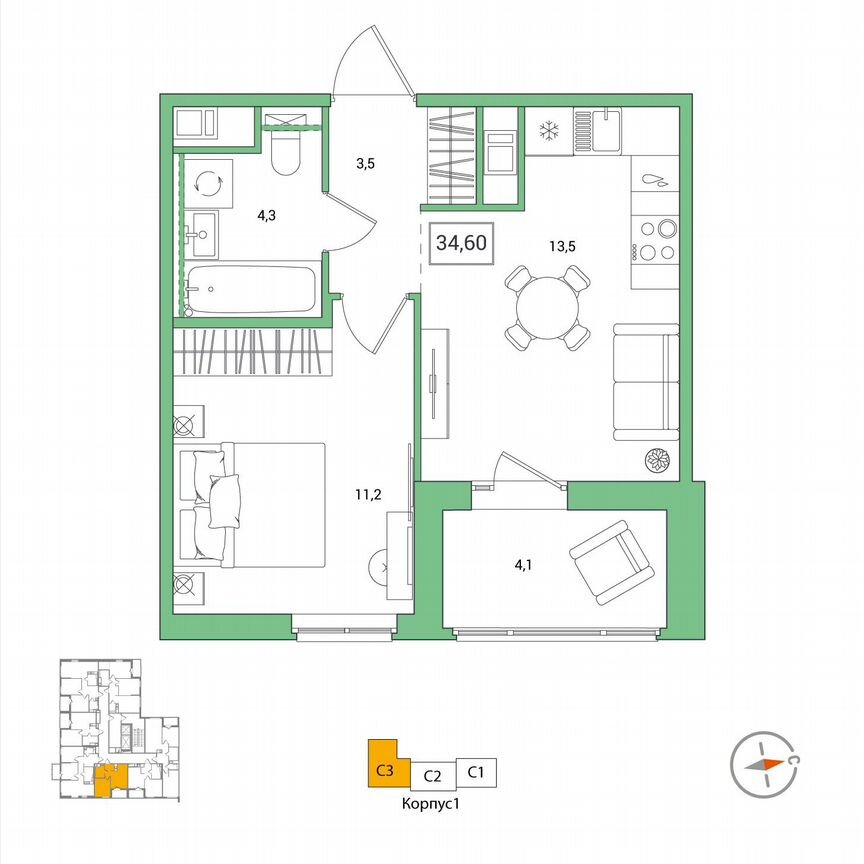 1-к. квартира, 34,6 м², 5/12 эт.