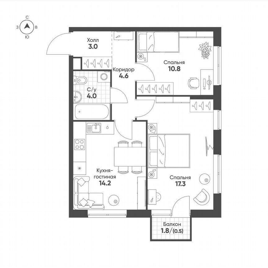 2-к. квартира, 54,4 м², 5/33 эт.