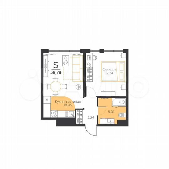 1-к. квартира, 38,8 м², 3/5 эт.