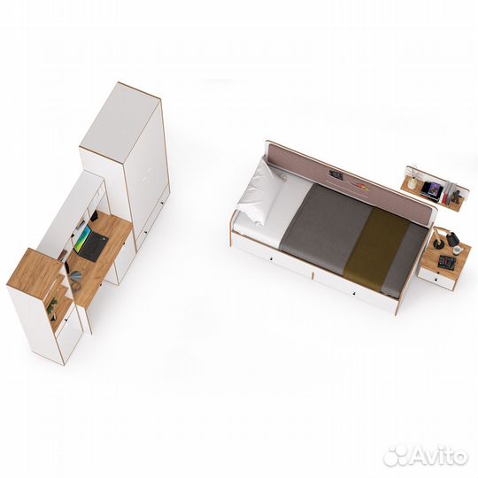 Полный комплект мебели для молодёжной комнаты Вуди № 35, цвет белый премиум/дуб крафт золотой/саванн