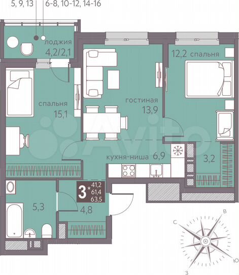 3-к. квартира, 63,5 м², 12/16 эт.