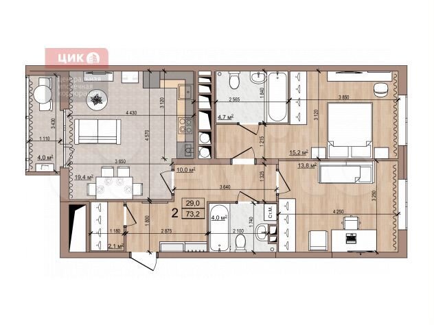 2-к. квартира, 73,2 м², 9/16 эт.