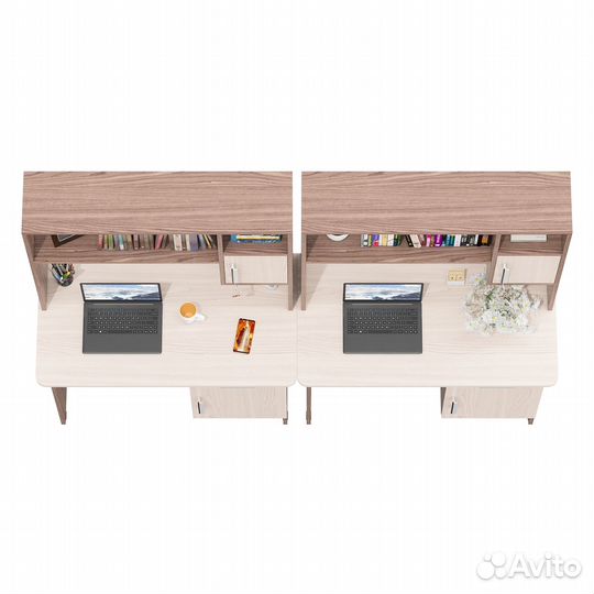 Два стола письменных с надстройкой Мебельный Двор 1-09Н цвет ясень шимо светлый/тёмный