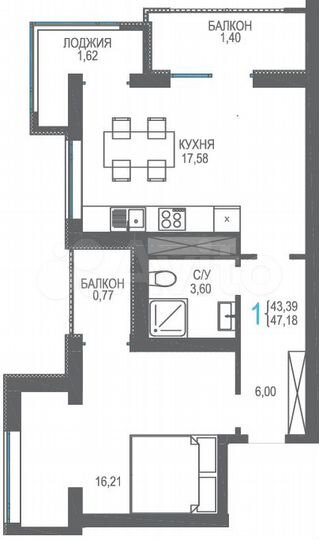 1-к. квартира, 47,2 м², 8/16 эт.