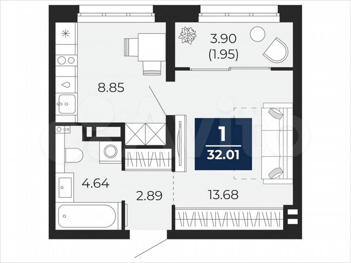 1-к. квартира, 32 м², 6/22 эт.