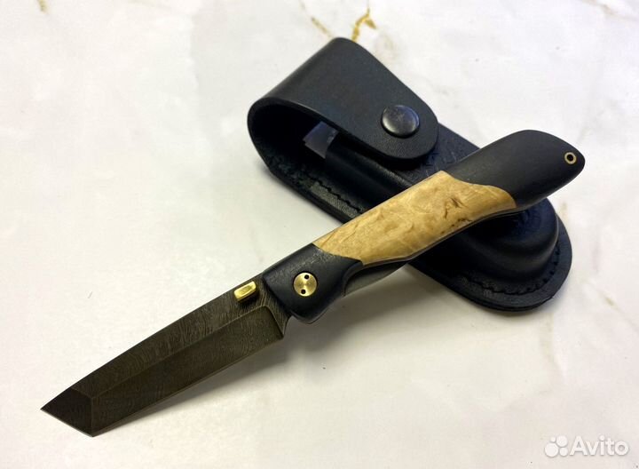 Складной нож Кунашир, дамасская сталь, карельская