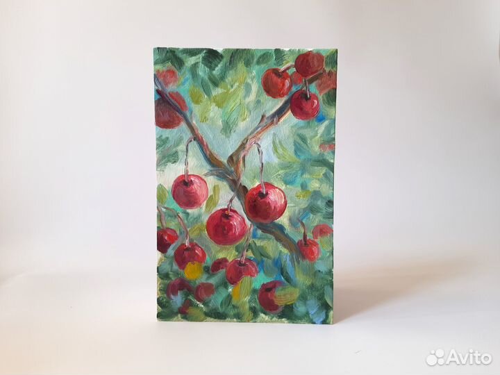 Вишня на ветке в листве. Лето Картина маслом 15\23