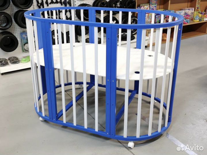 Овальная/Круг кроватка Соня 8в1 125х65 Бело-Синяя