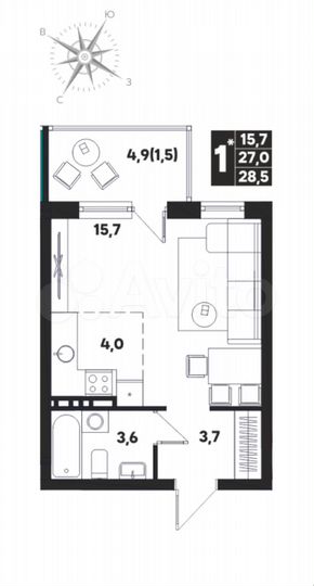 Квартира-студия, 28,5 м², 8/9 эт.