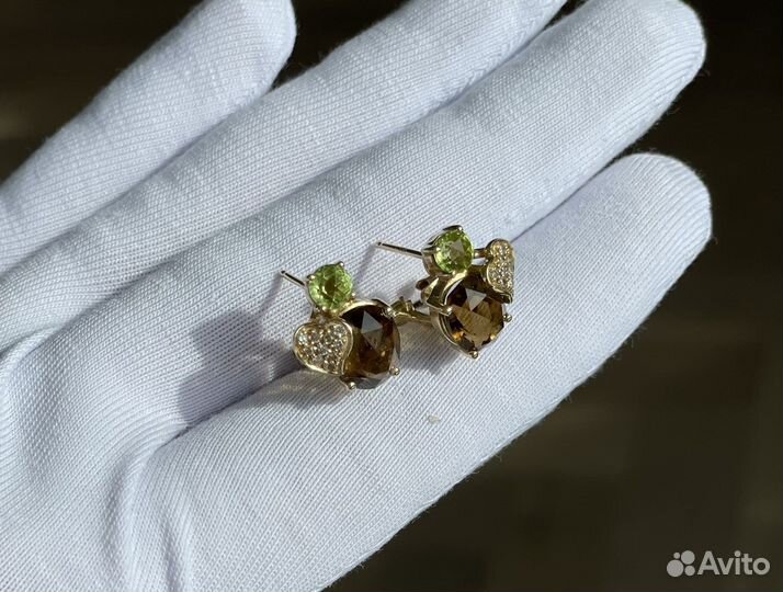Золотые серьги с цитрином и перидотом