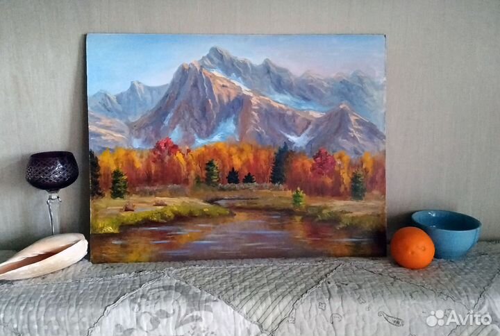 Картина маслом Горный пейзаж Лесное озеро