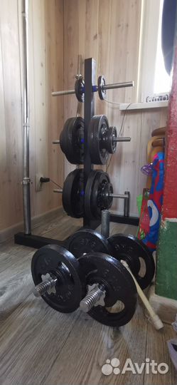 Штанга с блинами, стойка, гантели