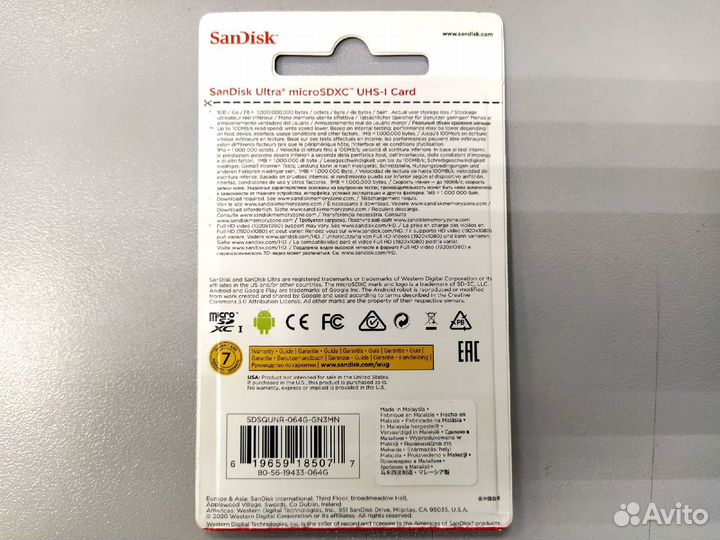 Новая Карта памяти SanDisk microSD 64Gb