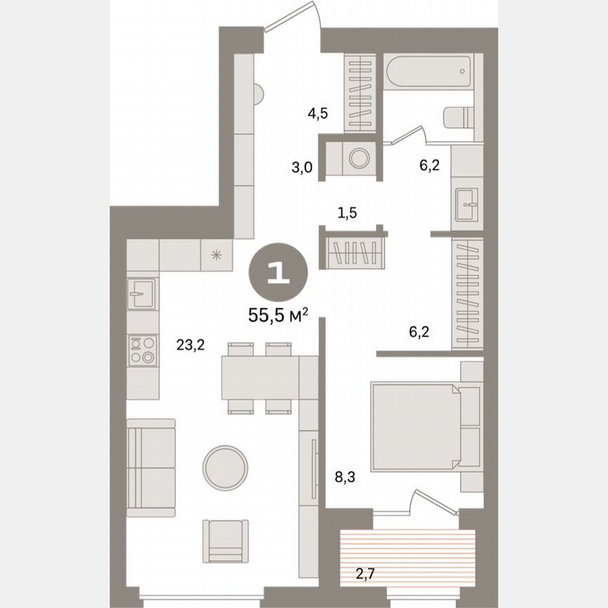 1-к. квартира, 55,5 м², 3/15 эт.