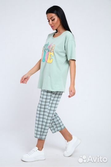 Костюм женский голубой, цветы, большие размеры