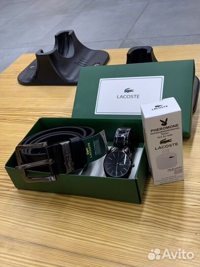 Мужской набор lacoste (Ремень, часы и парфюм)