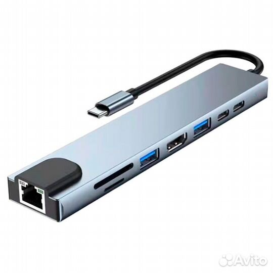 USB type-C хаб 8 в 1: hdmi, RJ45, MicroSD, USB 3.0