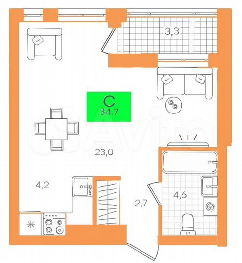 Квартира-студия, 34,7 м², 1/9 эт.