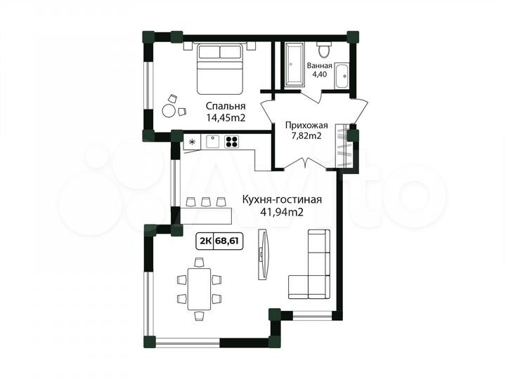 2-к. квартира, 68,6 м², 6/12 эт.