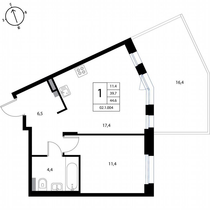 1-к. квартира, 44,6 м², 1/3 эт.