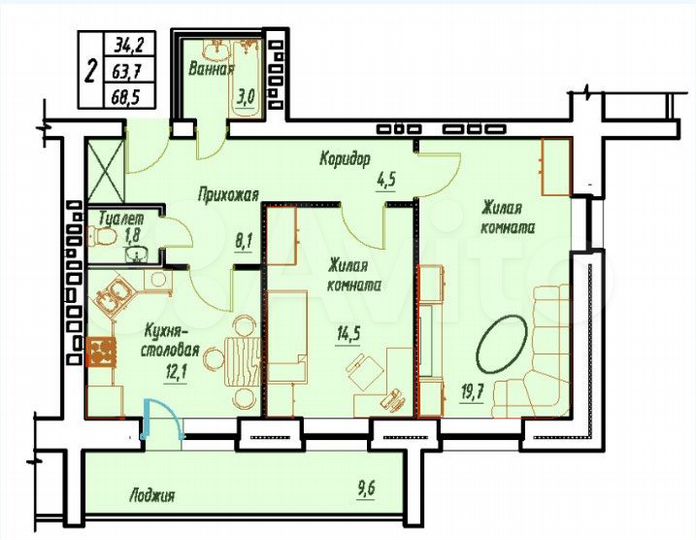 2-к. квартира, 68,5 м², 5/8 эт.