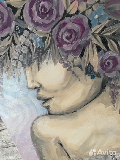 Картина маслом на холмте девушка с цветами