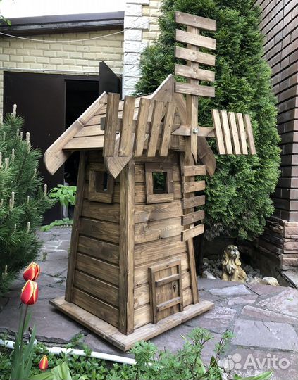 Мельница деревянная большая. Декор для сада