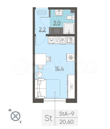 Квартира-студия, 20,6 м², 9/22 эт.