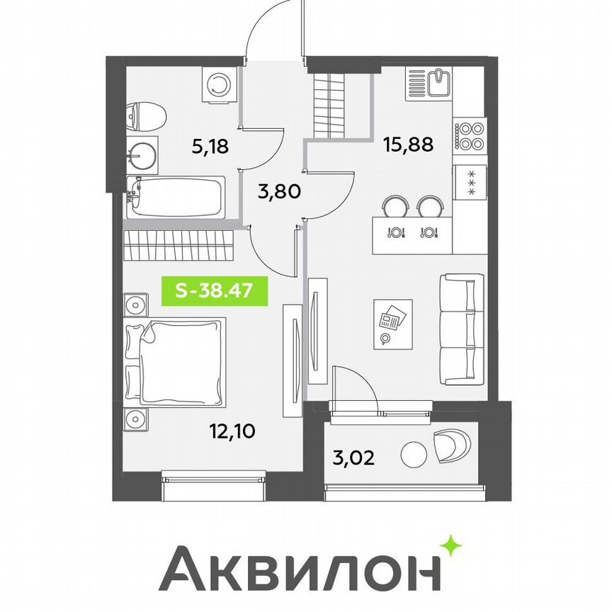 1-к. квартира, 38,5 м², 1/12 эт.