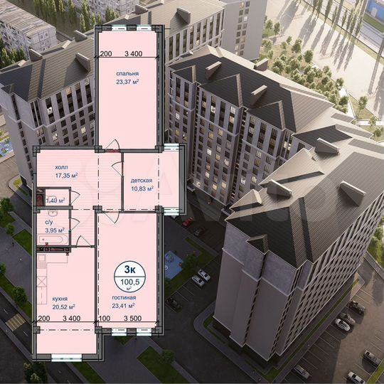 3-к. квартира, 100,5 м², 2/12 эт.