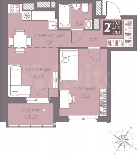 2-к. квартира, 43,4 м², 5/16 эт.