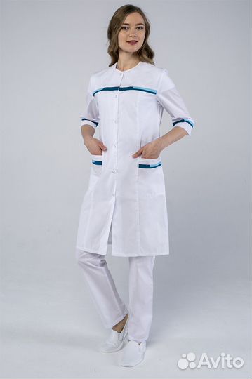 Халат женский медицинский Лотос, белый голубой