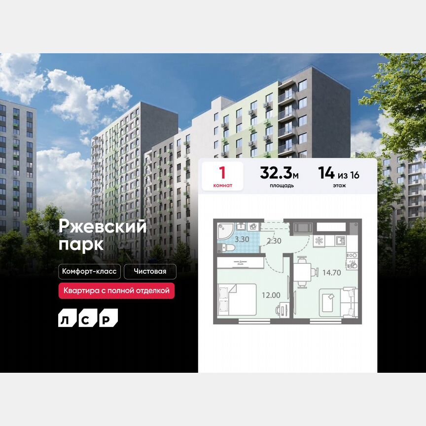 1-к. квартира, 32,3 м², 14/16 эт.