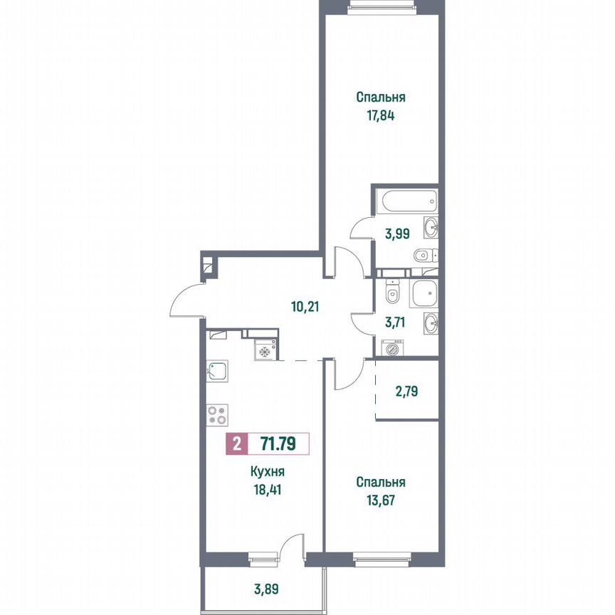 2-к. квартира, 71,8 м², 6/16 эт.